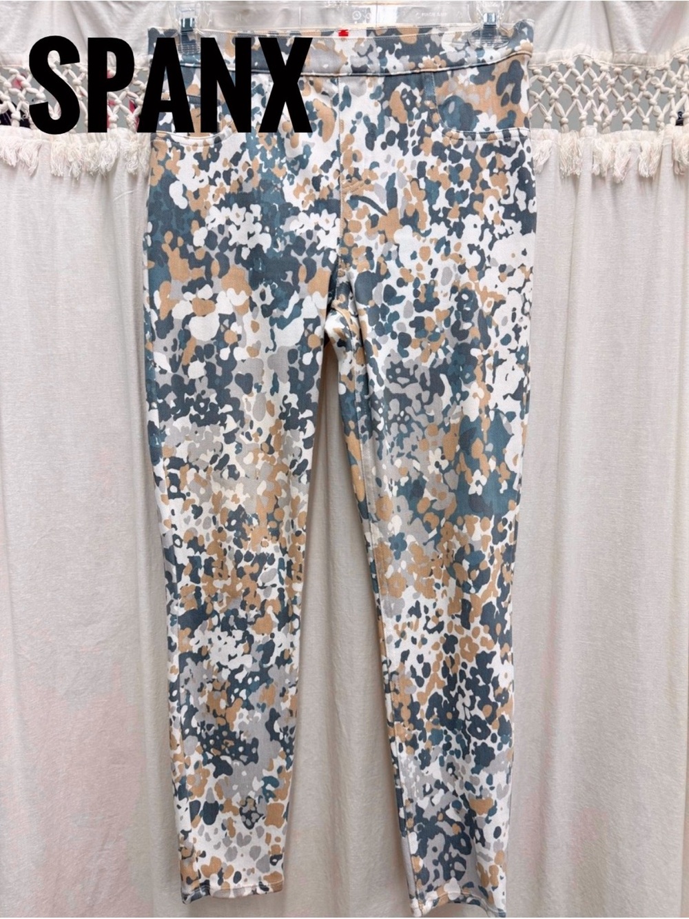 Spanx Jean-ish Ankle Leggings Stone Wash Camo Pull On Pants Gray Tan Large